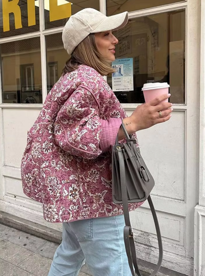 Alice | Veste florale matelassée rose pour l'automne et l'hiver - Wide Fit