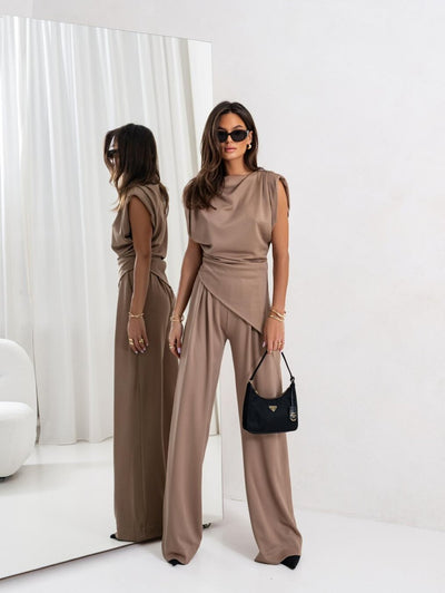 Vivine Ensemble Deux Pièces Femme – Haut Drapé et Pantalon Large avec Coupe Élégante