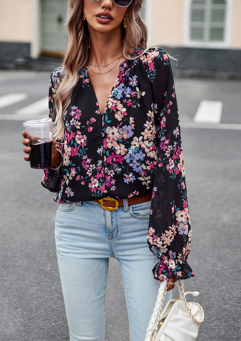 Aaliyah Blouse Femme – Haut Floral Léger à Manches Longues & Col en V pour Style Élégant