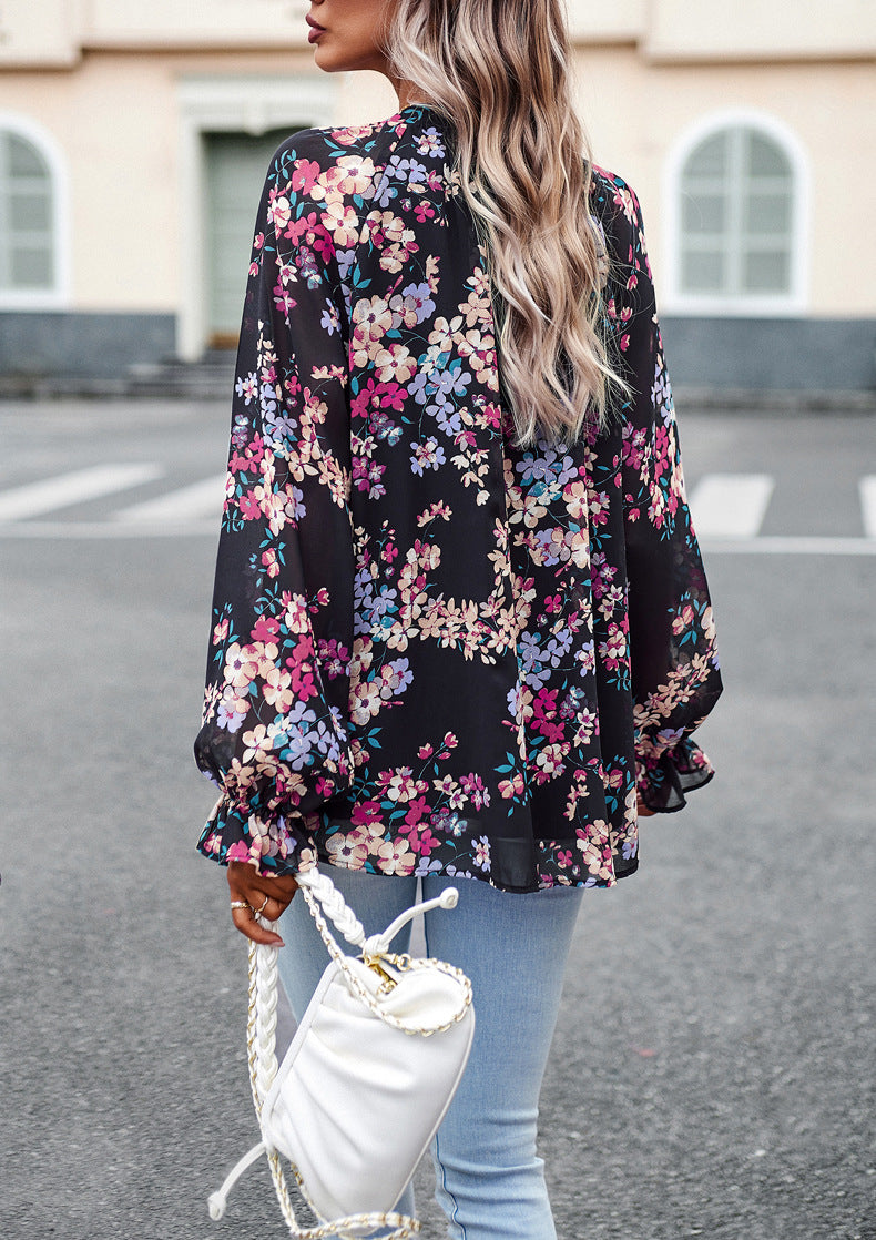 Aaliyah Blouse Femme – Haut Floral Léger à Manches Longues & Col en V pour Style Élégant