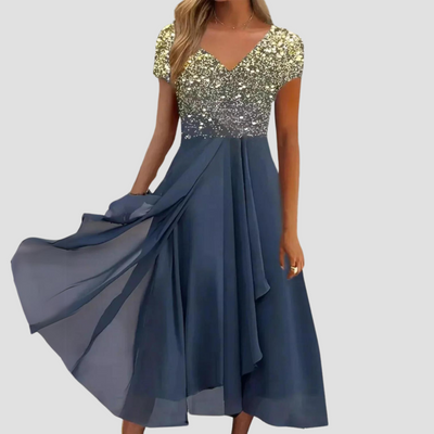 Alina | Robe midi en chiffon pour femmes, ornée de fleurs délicates et colorées