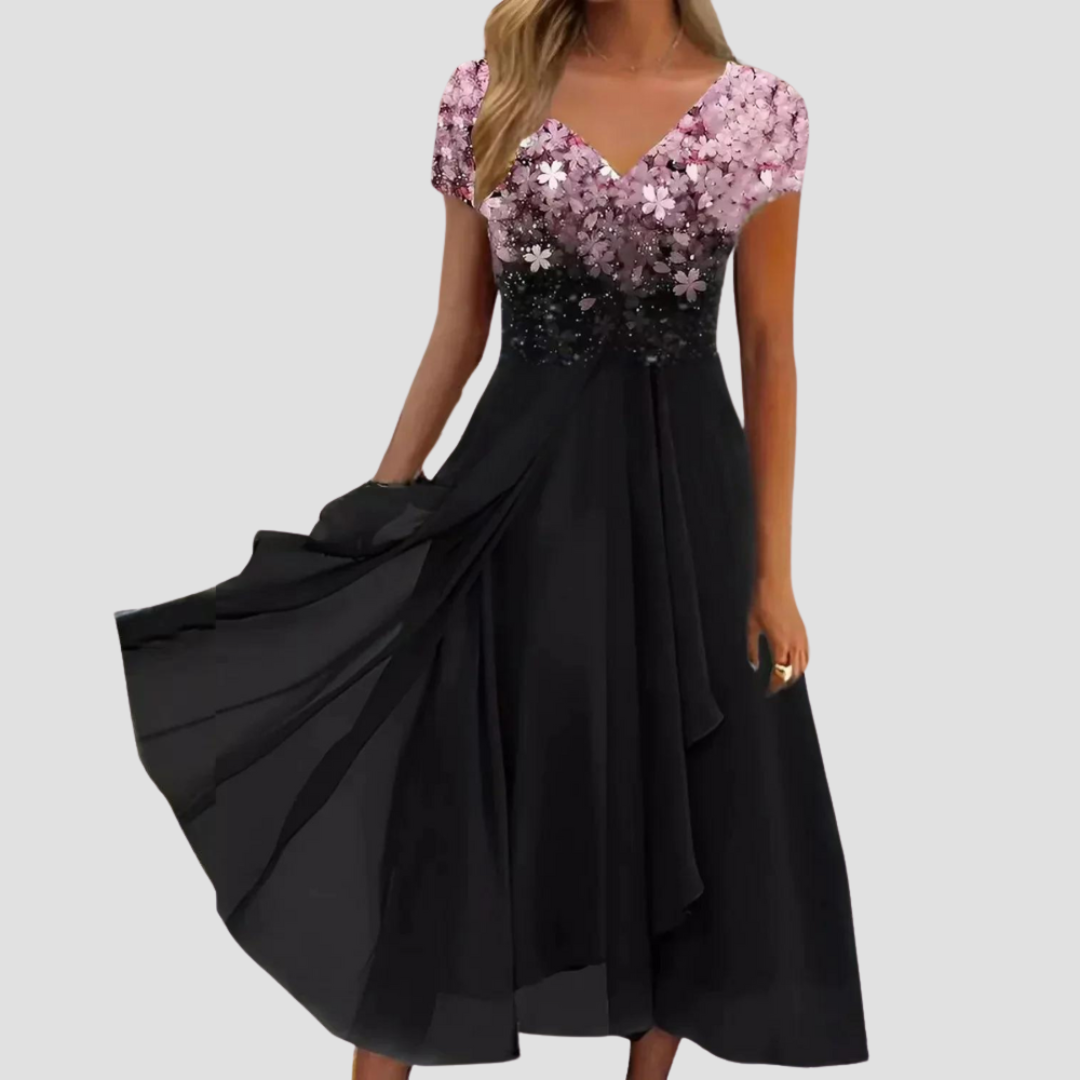 Alina | Robe midi en chiffon pour femmes, ornée de fleurs délicates et colorées