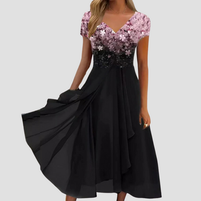 Alina | Robe midi en chiffon pour femmes, ornée de fleurs délicates et colorées