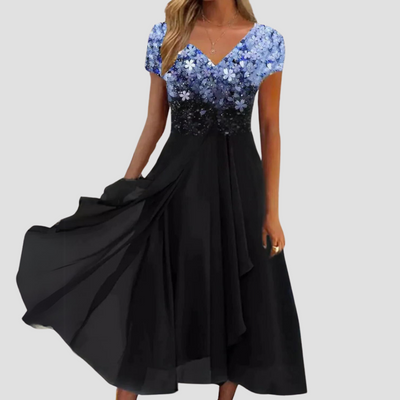Alina | Robe midi en chiffon pour femmes, ornée de fleurs délicates et colorées
