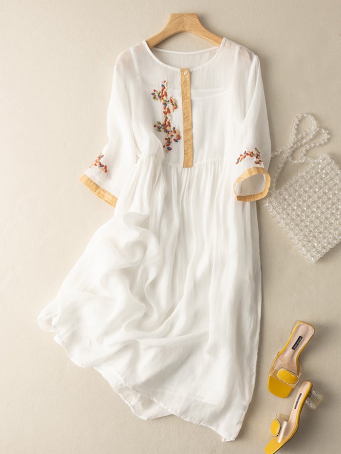 Zara Robe Femme – Robe Brodée en Coton et Lin avec Design Ethnique & Coupe Confortable