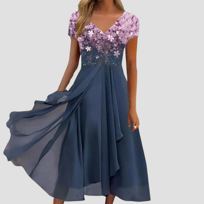 Alina | Robe midi en chiffon pour femmes, ornée de fleurs délicates et colorées
