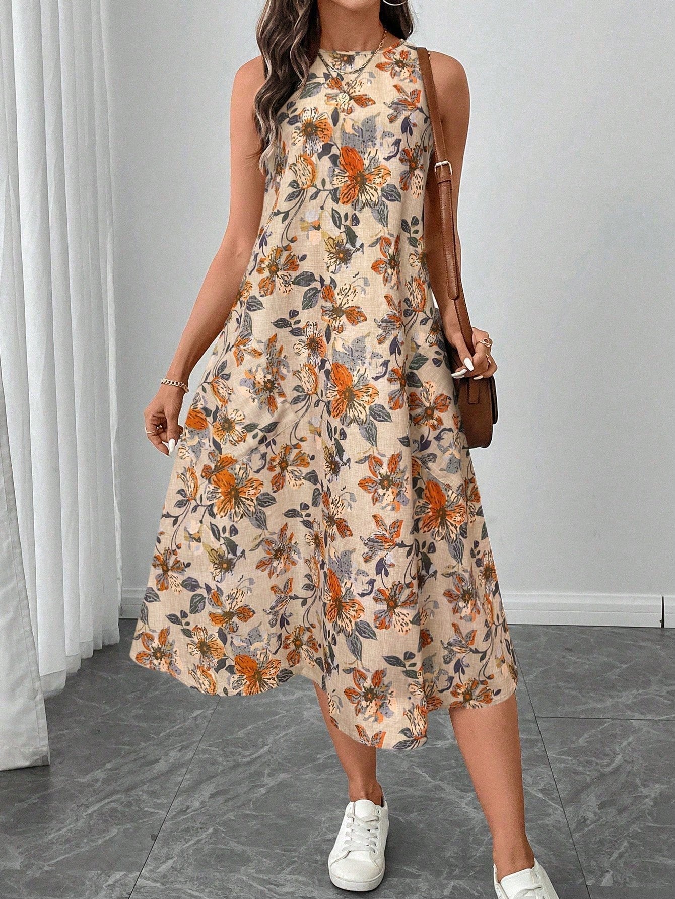 Abigail Robe Midi Femme – Robe Fleurie Sans Manches avec Encolure Ronde & Ourlet Évasé Élégant