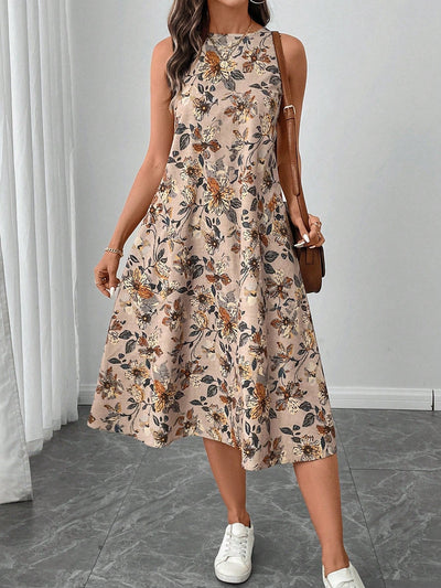 Abigail Robe Midi Femme – Robe Fleurie Sans Manches avec Encolure Ronde & Ourlet Évasé Élégant