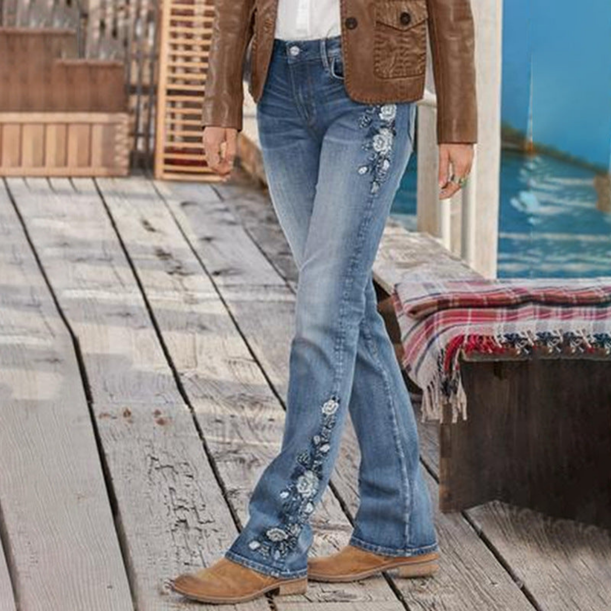 Yvonne | Vintage Pantalon en denim décontracté avec imprimé