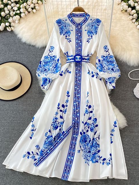 Alina Robe Longue Femme – Robe Vintage à Imprimé Fleuri avec Manches Lanternes Élégantes