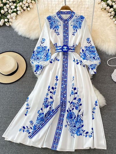 Alina Robe Longue Femme – Robe Vintage à Imprimé Fleuri avec Manches Lanternes Élégantes