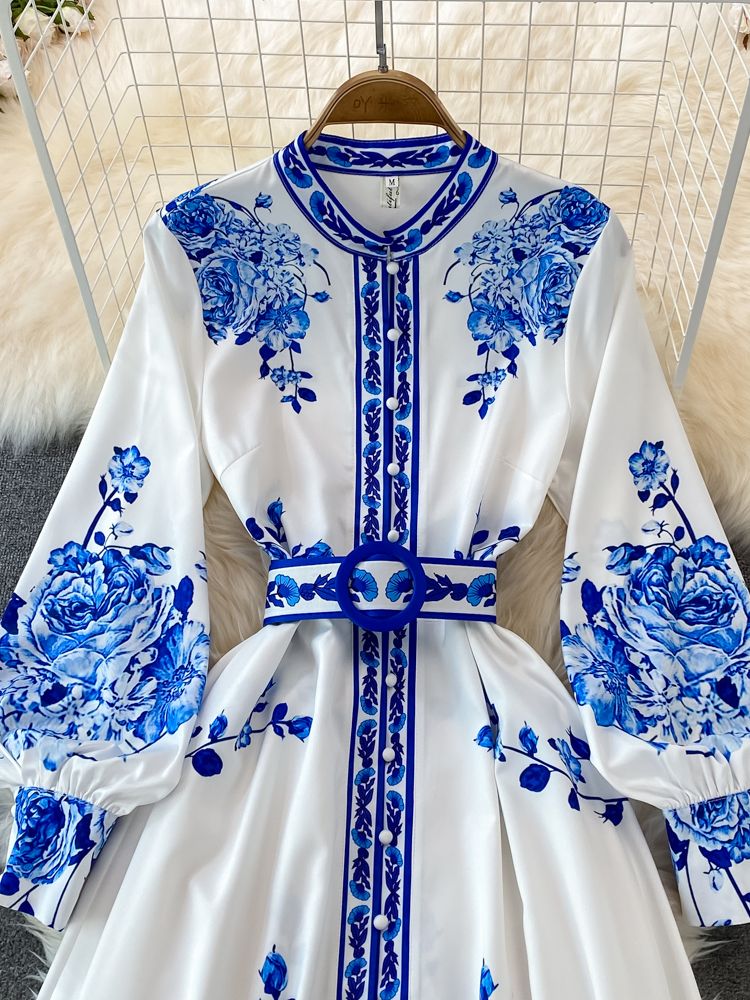 Alina Robe Longue Femme – Robe Vintage à Imprimé Fleuri avec Manches Lanternes Élégantes