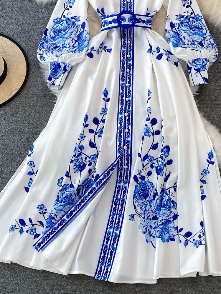 Alina Robe Longue Femme – Robe Vintage à Imprimé Fleuri avec Manches Lanternes Élégantes