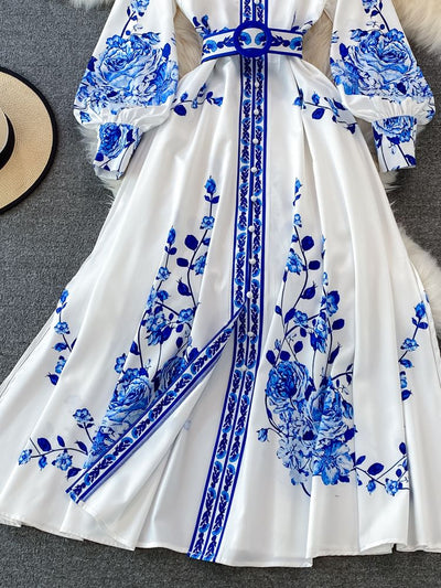 Alina Robe Longue Femme – Robe Vintage à Imprimé Fleuri avec Manches Lanternes Élégantes