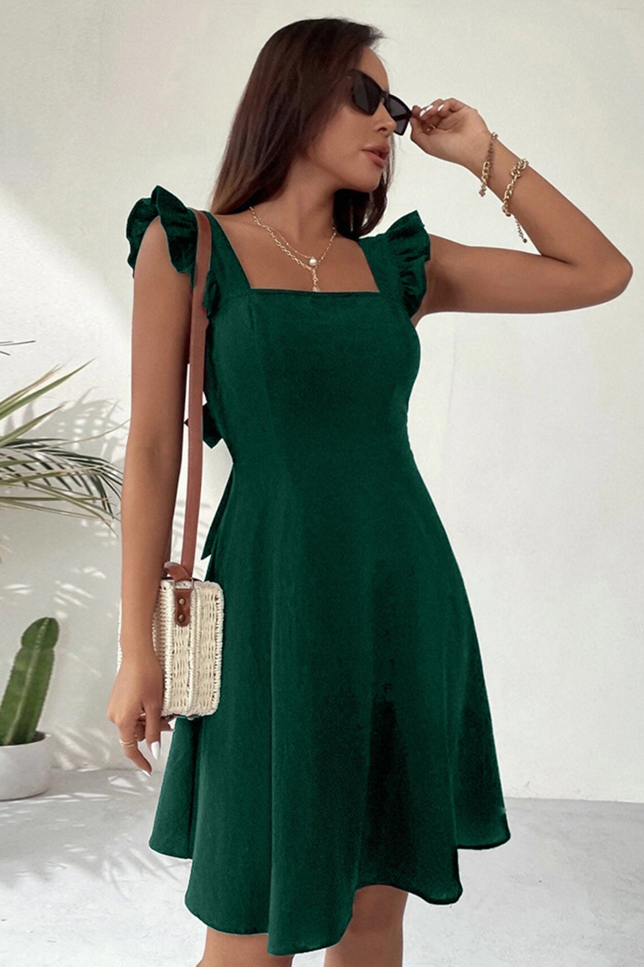 Addison Robe d'Été Femme – Robe Mini Sans Manches avec Encolure Carrée, Volants & Dos Nu