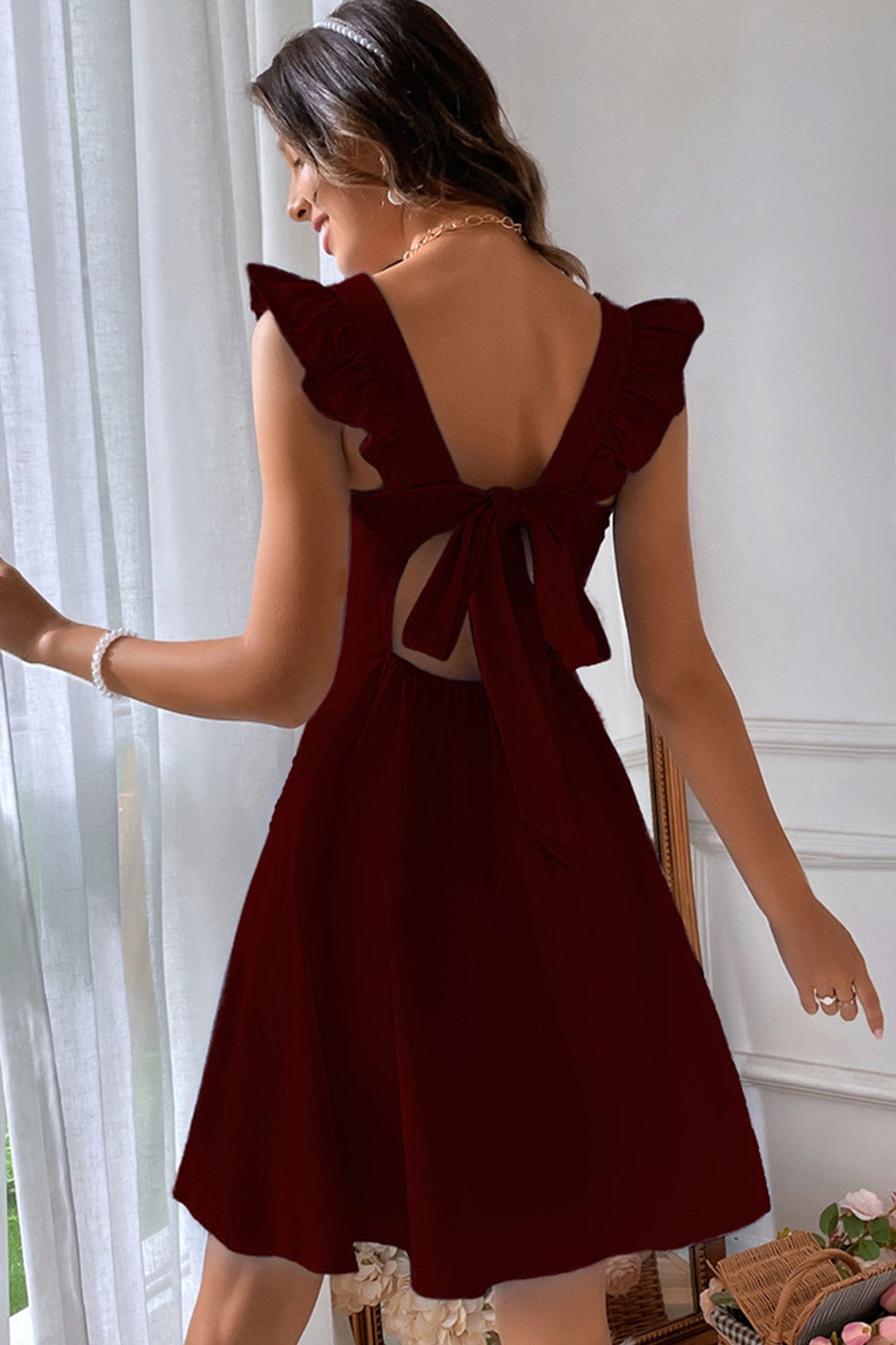 Addison Robe d'Été Femme – Robe Mini Sans Manches avec Encolure Carrée, Volants & Dos Nu