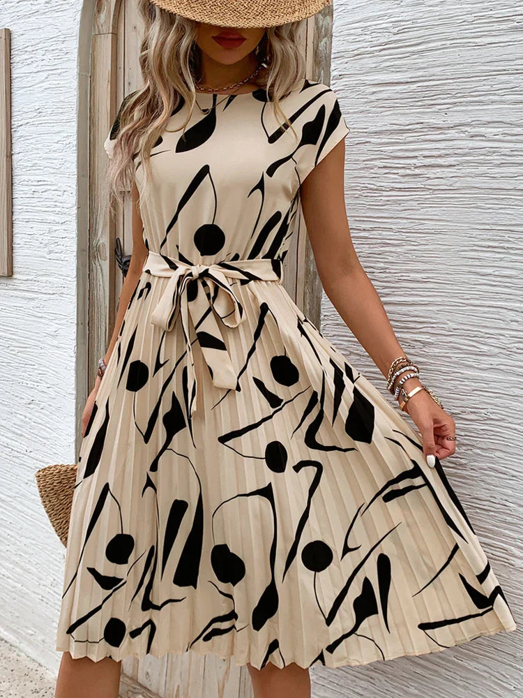 Allaine | Robe midi plissée élégante avec ceinture à la taille