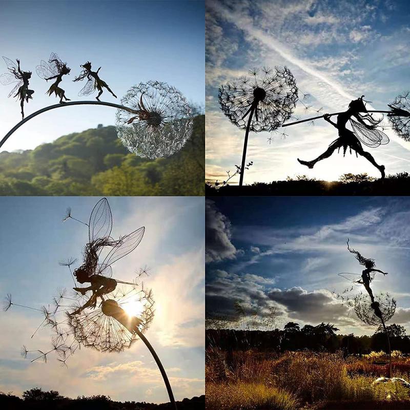WhimsyWeld – Sculpture artistique d'une fée en mouvement avec des accents de pissenlit flottant