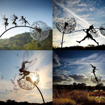 WhimsyWeld – Sculpture artistique d'une fée en mouvement avec des accents de pissenlit flottant
