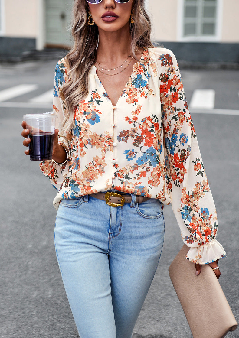 Aaliyah Blouse Femme – Haut Floral Léger à Manches Longues & Col en V pour Style Élégant