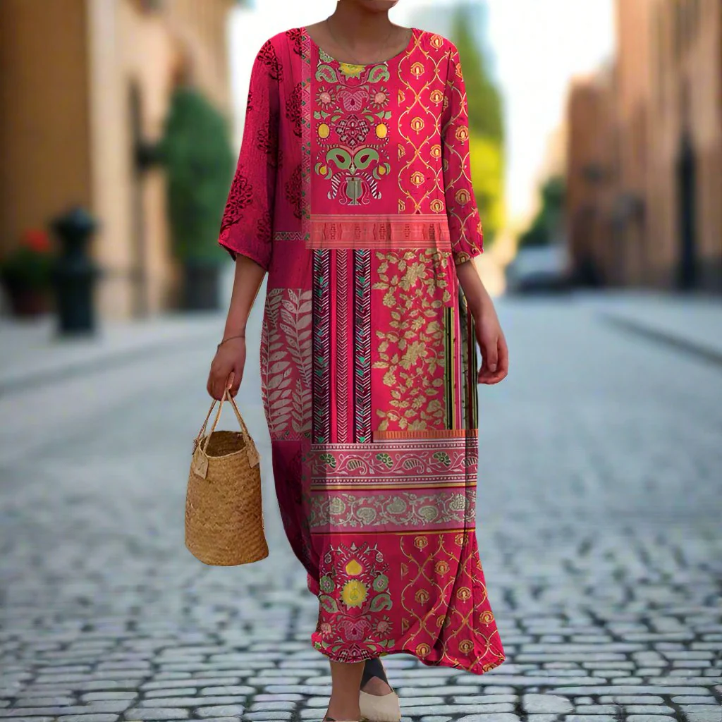 Adeline™ | Robe Fluide Ethnique à Motifs Géométriques Vintage