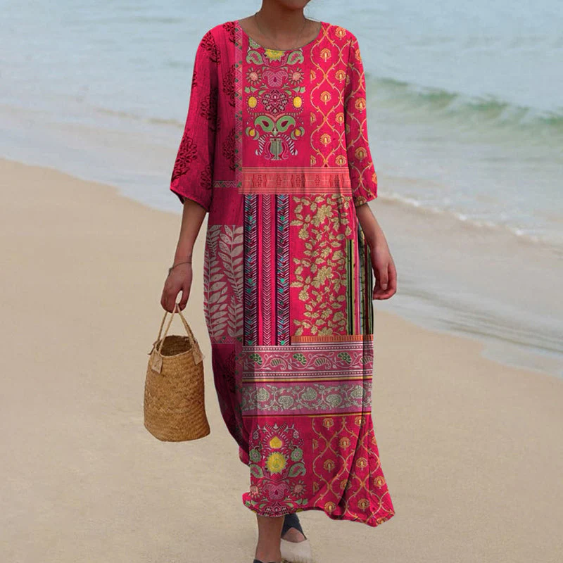 Adeline™ | Robe Fluide Ethnique à Motifs Géométriques Vintage
